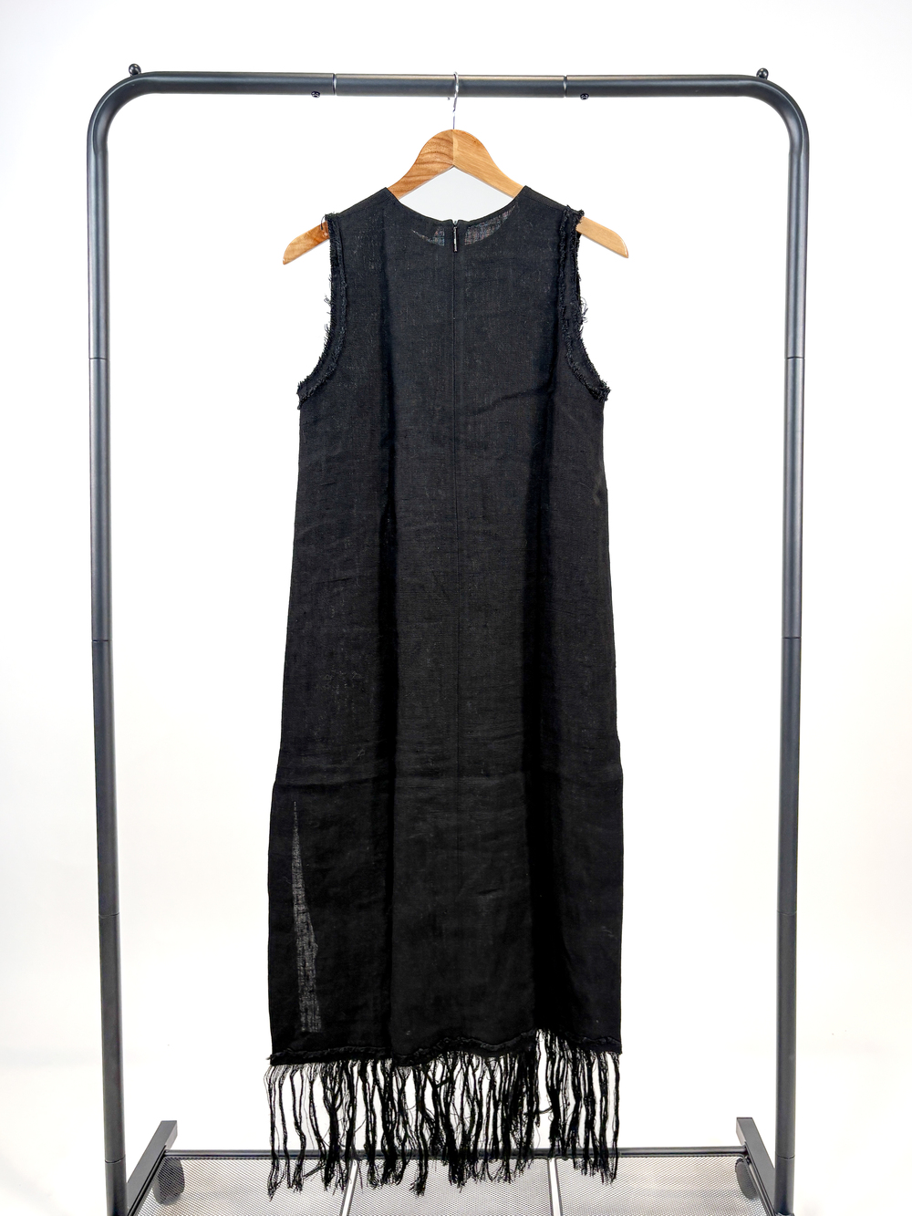 PF-1111 MSGM Milano Black Flax Linen Tunic Sleeveless Fringe Dress